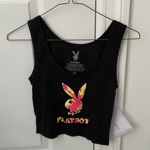 Black Playboy Tie-Dye Bunny Crop Top